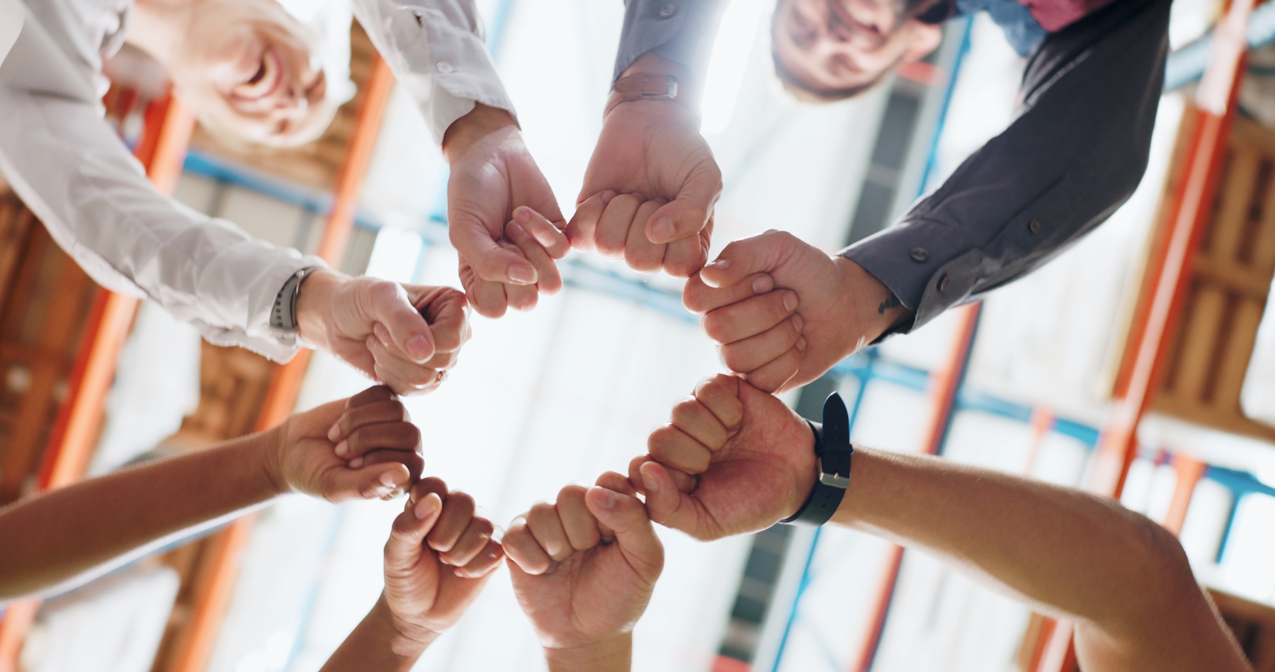 A group of employees' fists representing good teamwork